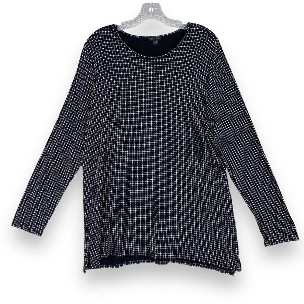 J. Jill Top Women L Black White Wearever Collection Grid Print Long Sleeve Slit
